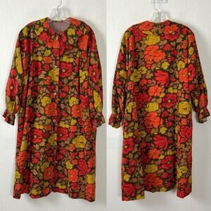 Vintage 50s Stella Fagin Fall Floral Corduroy Swing Coat Peter Pan Collar Medium